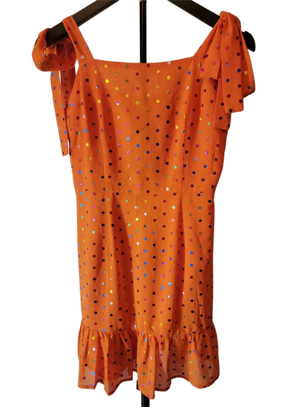 Never Fully Dressed Orange Foil Rainbow Polka Dot Tie Shoulder Mini Dress US 4